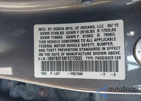 2015 Honda Civic Lx z USA, uszkodzony, nr VIN 19XFB2F59FE272033
